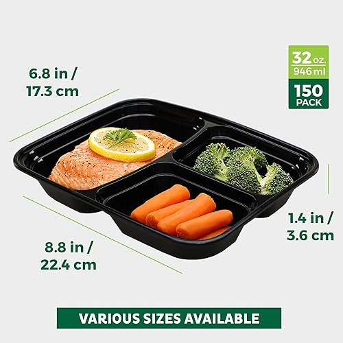 Miniatura 4 de Freshware Contenedores de preparación de comidas [paquete de 150] 3 compartimentos con tapas, recipientes de alimentos, lonchera, apilables, caja