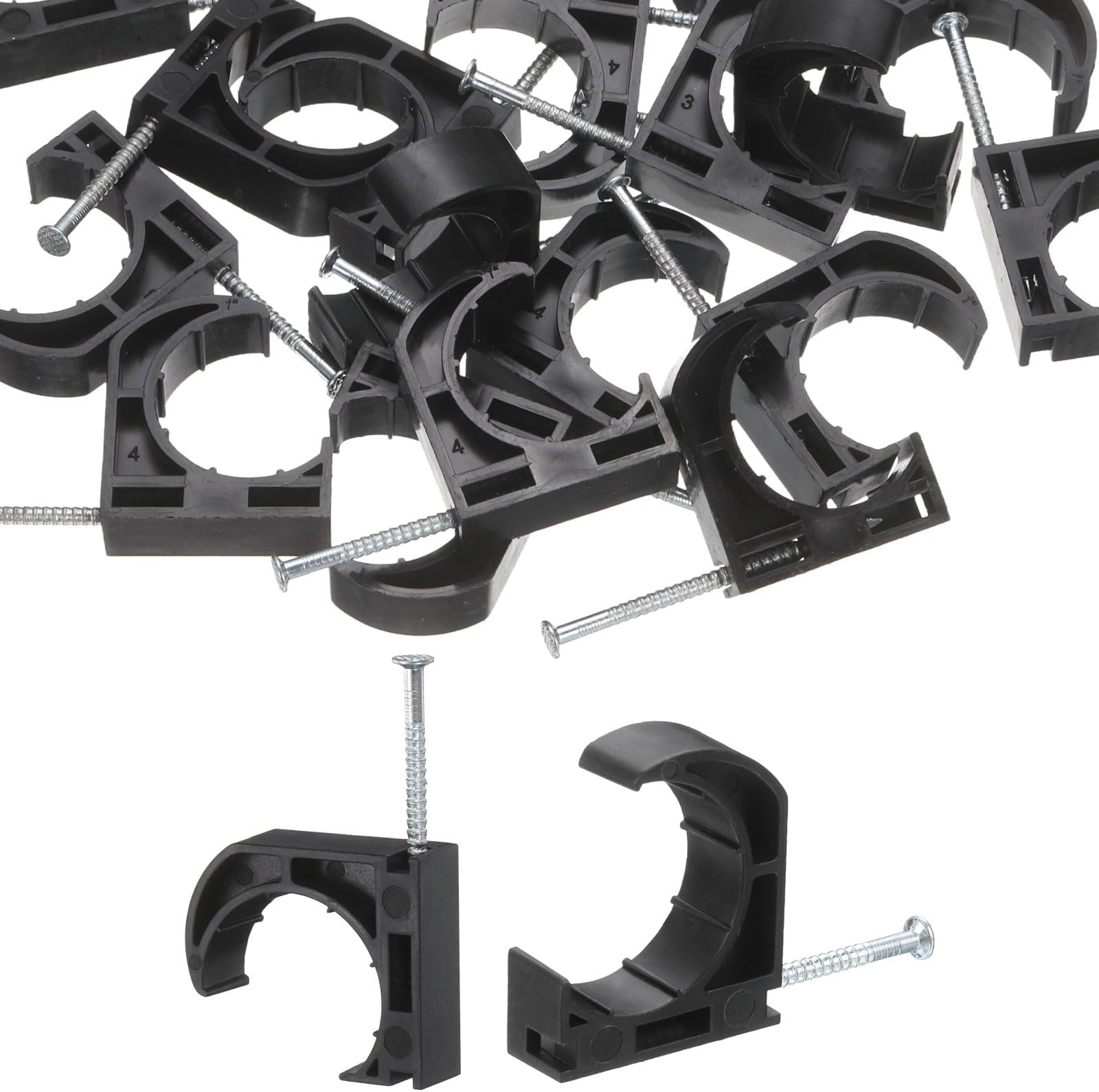 HARFINGTON 200Pcs 1 Inch Half Clamps J-Hook with Nails J Clamps Cable Clips for 1 Inch Tubing Pipe PEX CPVC Pipe Tubing Connection