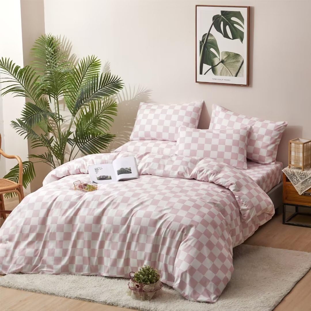 Pink Checkered Comforter Set Queen Size Blush Red Checkerboard Bedding Comforter Women Girls Pink and White Plaid Bedding Sets Soft Retro Grid Quilt Light Color Checker Bedding