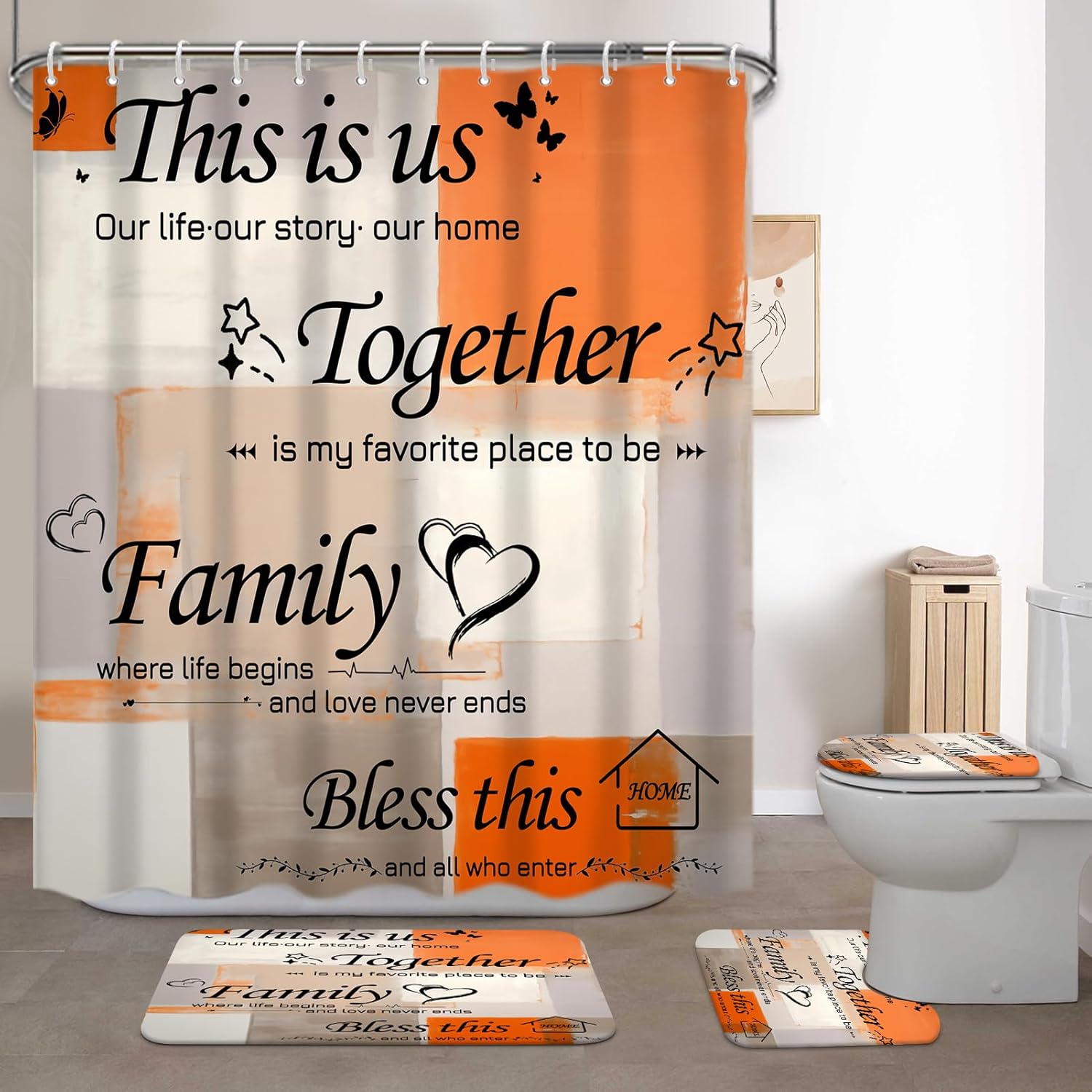 Lnond 4Pcs Bathroom Shower Curtain Sets with Rugs, Orange Motivational Home Family Bathroom Sets with Shower Curtain and Rugs and Accessories