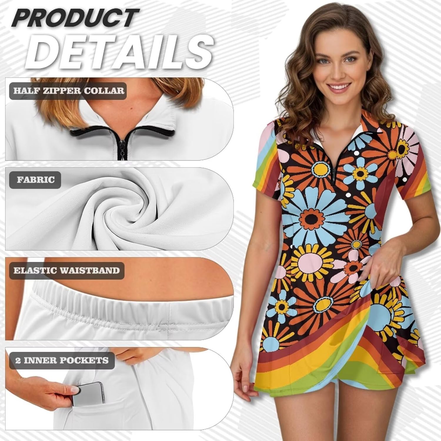 Women's Short Sleeve Tennis Dress Half Zip Pullover Golf Dress with Built in Shorts Summer Workout Athletic Dresses