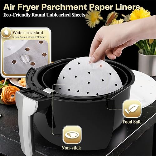 Miniatura 3 de Flexzion Papel pergamino perforado de 7.5 pulgadas para forros de freidora de aire, redondo, sin blanquear, 200 hojas de 3.5 y 3.7 cuartos de galón,