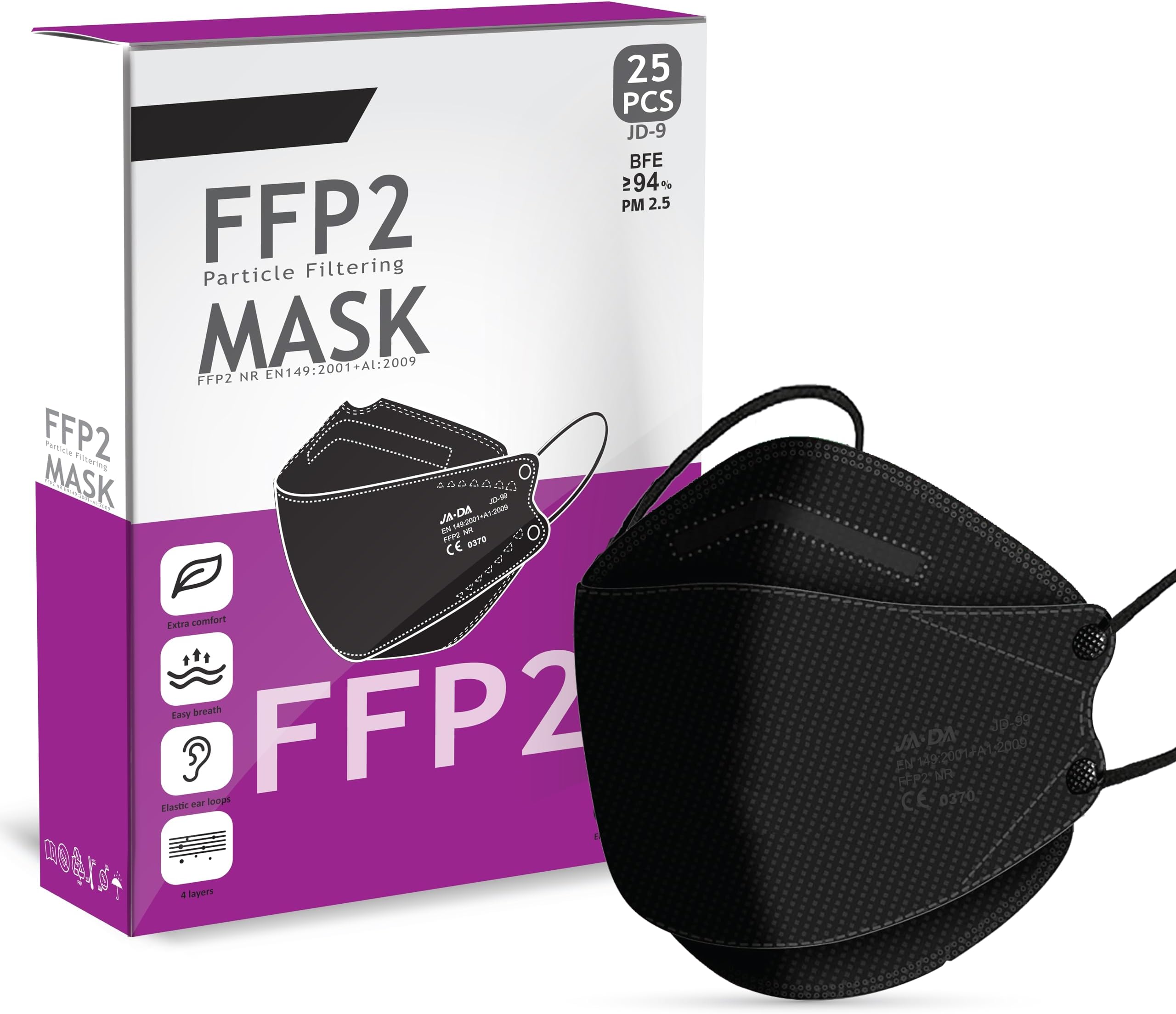 Cleanstro FFP2 Mask Pack of 25 - Hand Checked For Quality - Disposable FFP2 / KN95 Mask With 5 Layered Webbing Fibers - A Must Have High Filtration Mask For Outdoor (Packaging may Vary)