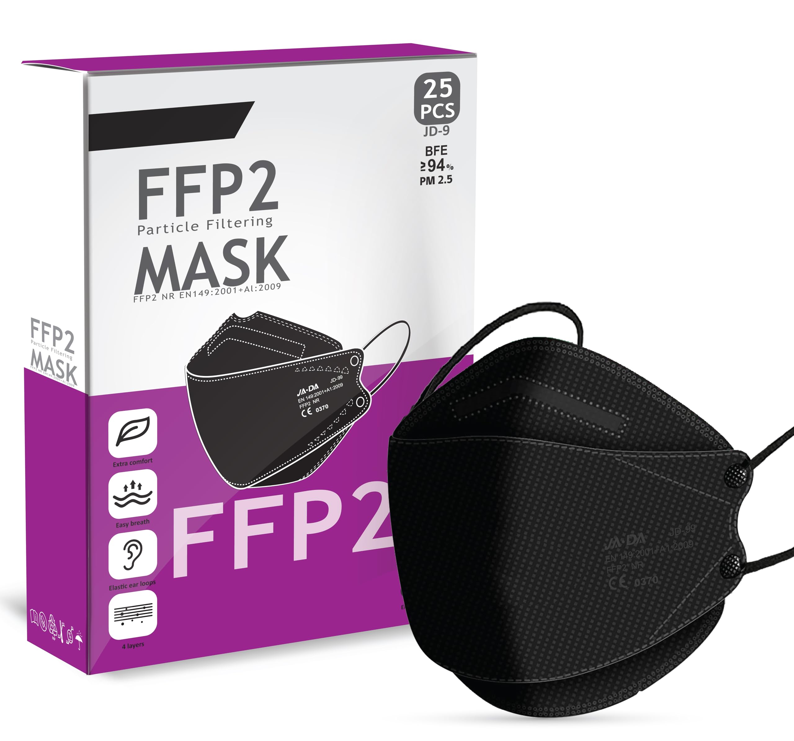 FFP2 Mask Pack of 25 - Hand Checked For Quality - Disposable FFP2 / KN95 Mask With 5 Layered Webbing Fibers - A Must Have High Filtration Mask For Outdoor (Packaging may Vary)