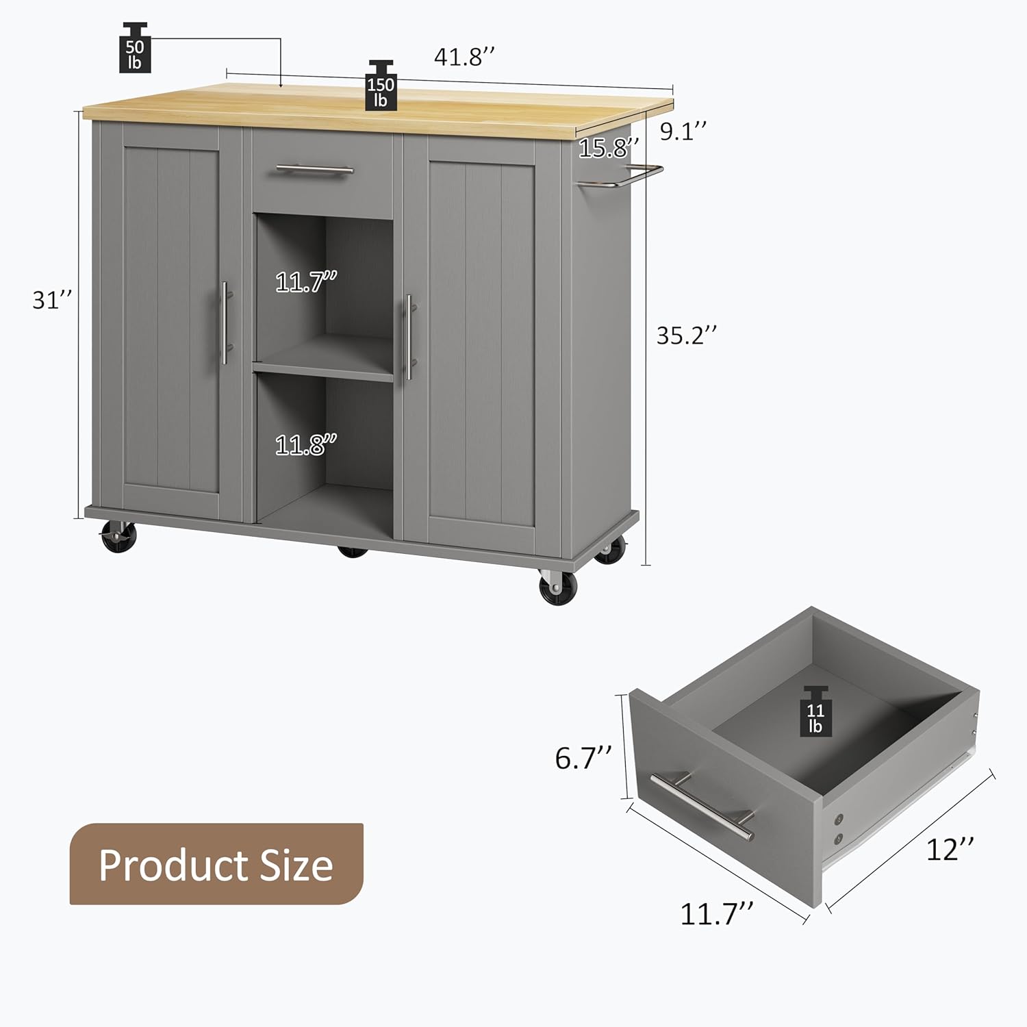 SUNLEI Rolling Kitchen Island Cart with Wheels, Island Table for Kitchen, Farmhouse Kitchen Cart with Drop Leaf & Towel Rack & Drawer, Kitchen Islands Table with Storage Cabinet, Grey