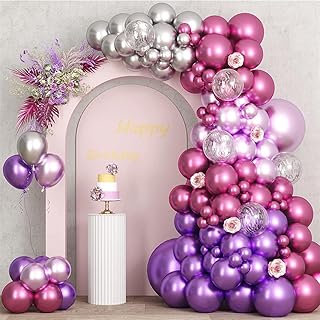 Purple Pink Balloon Garland Arch Kit, Metallic Purple Balloons Garland Arch Kit with Confetti Balloons for Birthday Baby Shower Wedding Graduation Party Decorations for Women Girls Birthday
