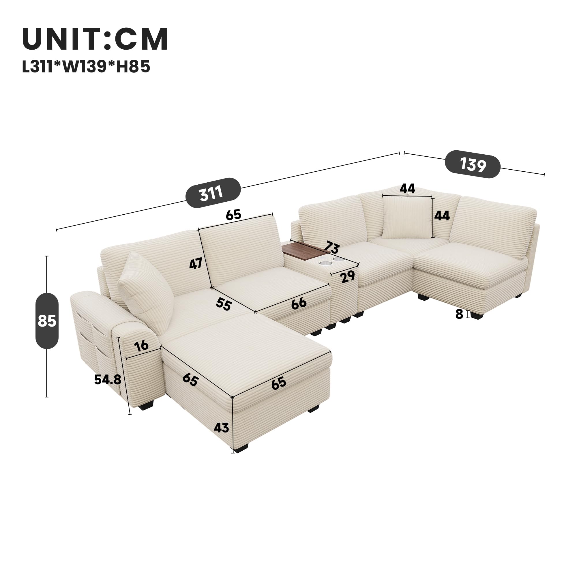 Idemon Sofá esquinero modular U/L de 6 plazas con espacio de almacenamiento, consola central móvil con 2 portavasos, conexión USB/Type-C, compartimentos ocultos y bolsillos para reposabrazos, tela de
