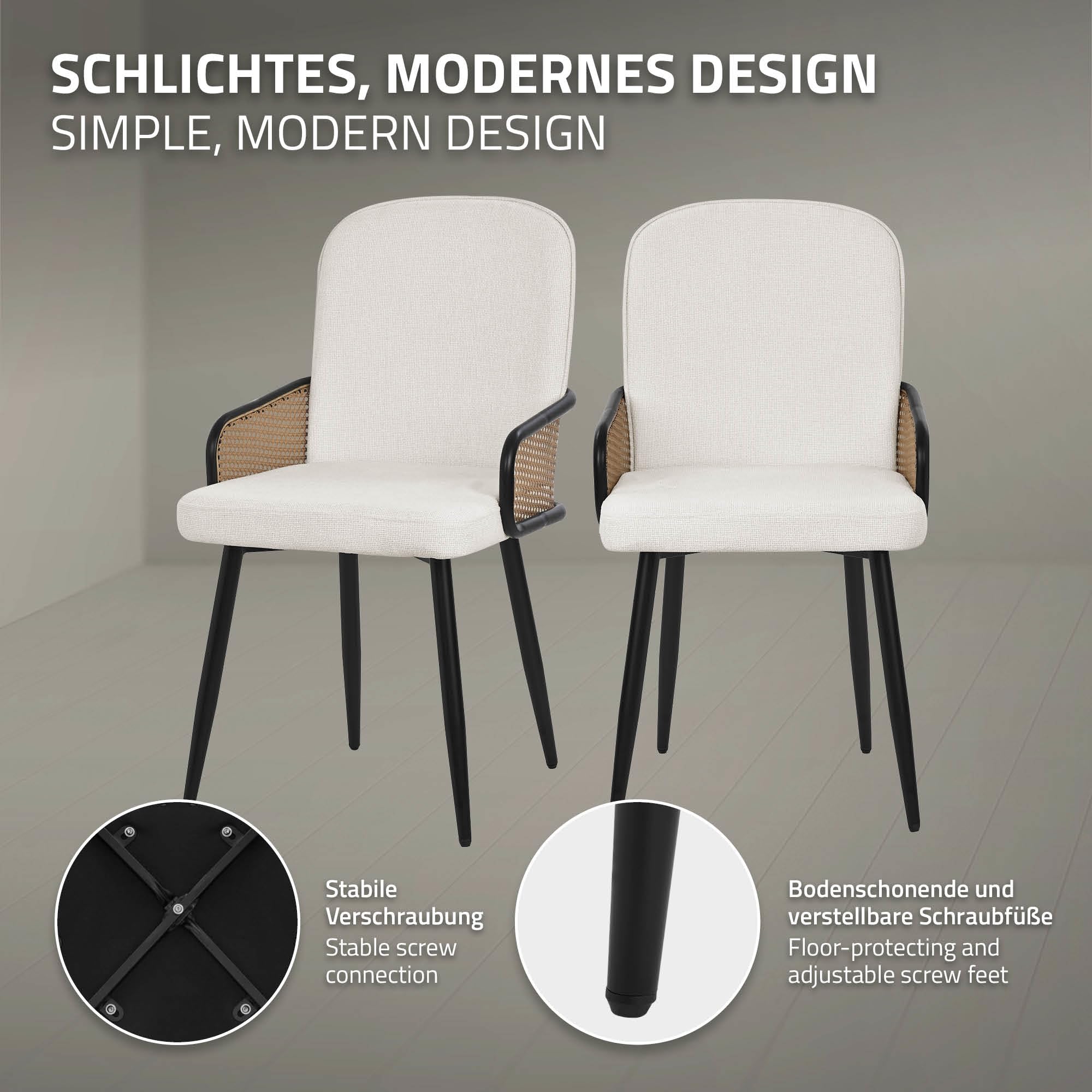 ML-Design Juego de 2X Sillas de Comedor con Funda de Tela Beige, Asiento de Salón con Respaldo, Reposabrazos con Aspecto de Ratán Mueble Tapizado con Patas de Metal, Sillón Ergonómico de Cocina