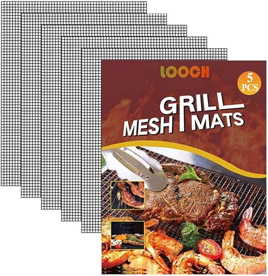 LOOCH BBQ Mesh Grill Mat Set of 5 - Heavy Duty Nonstick Mesh Grilling Mats & Barbecue Accessories - Reusable and Easy to Clean - Works on Gas, Charcoal, Electric Grill and More - 15.75 x 13 Inch