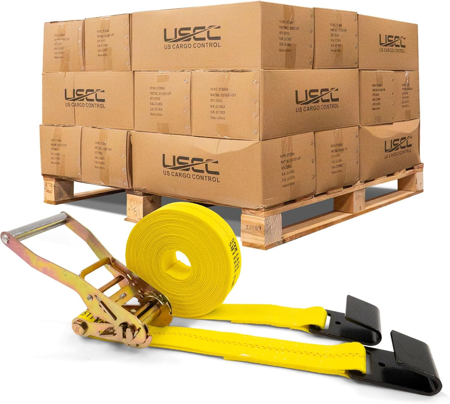 US Cargo Control Flat Hook Ratchet Straps 2 Inch X 30 Foot (320-Pack), 10,000 LBS Break Strength, Yellow Heavy Duty Ratchet Straps with Black Flat Hooks, Tie Downs for Flatbed Trailer