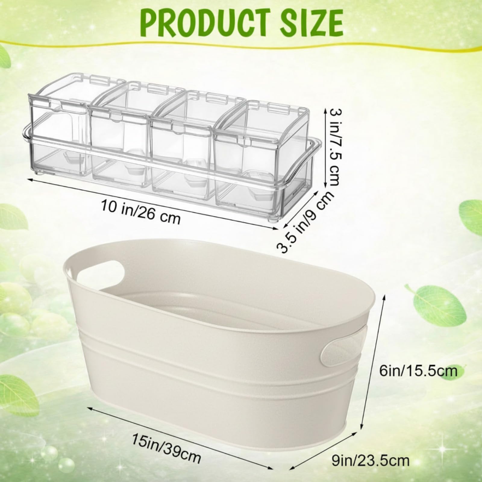 2 cubos de hielo de metal galvanizado de 4 galones, cubos grandes de metal para bebidas de Pascua, 2 unidades, organizador de condimentos, transparente, 4 compartimentos con tapa y cuchara