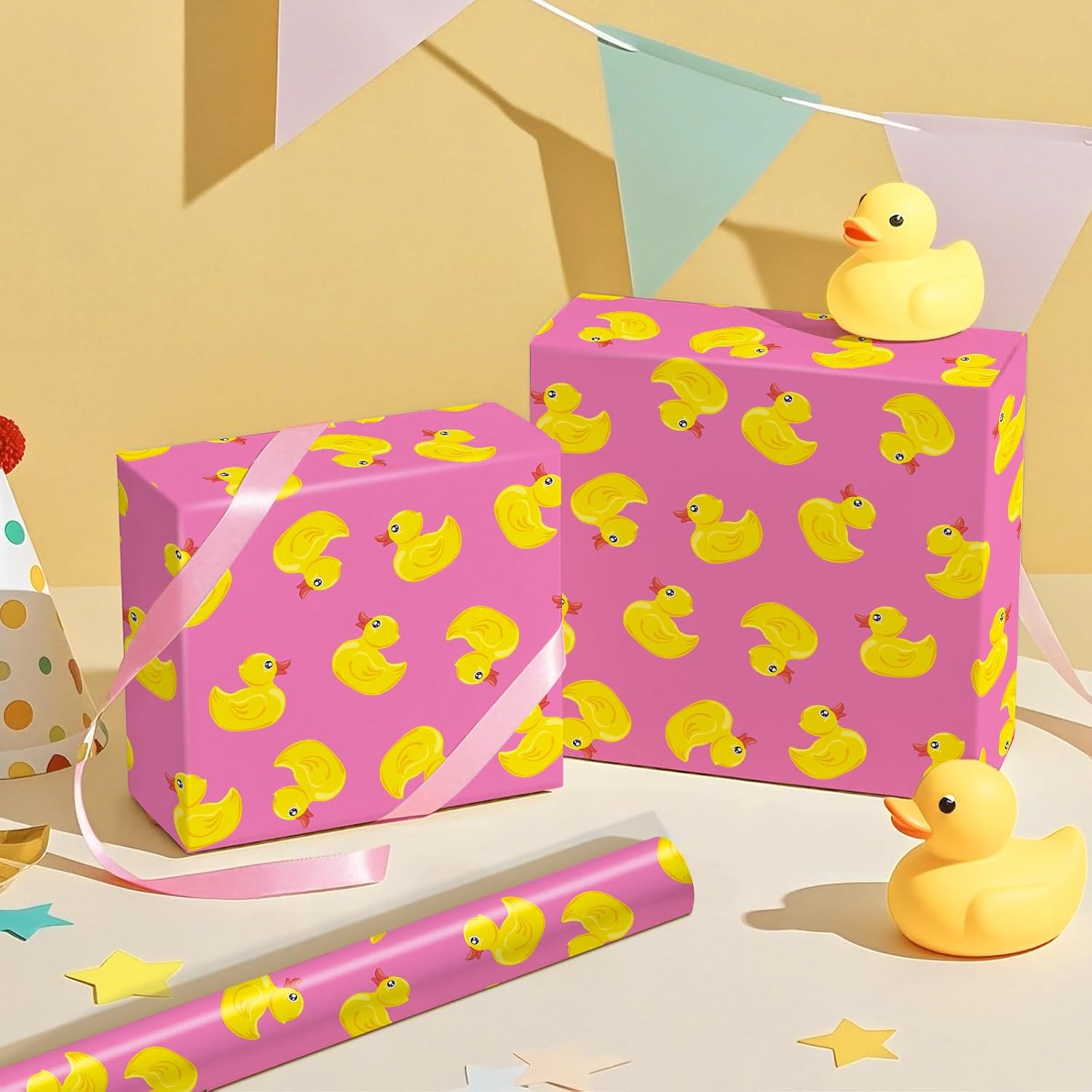 RUSPEPA Duck Wrapping Paper Roll for Kids, Mini Roll, Yellow Rubber Duck Pattern on Pink Background, Adorable Gift Wrap Paper for Baby Shower, Birthday, Summer-Theme Party, 17 Inches x 16.4 Feet