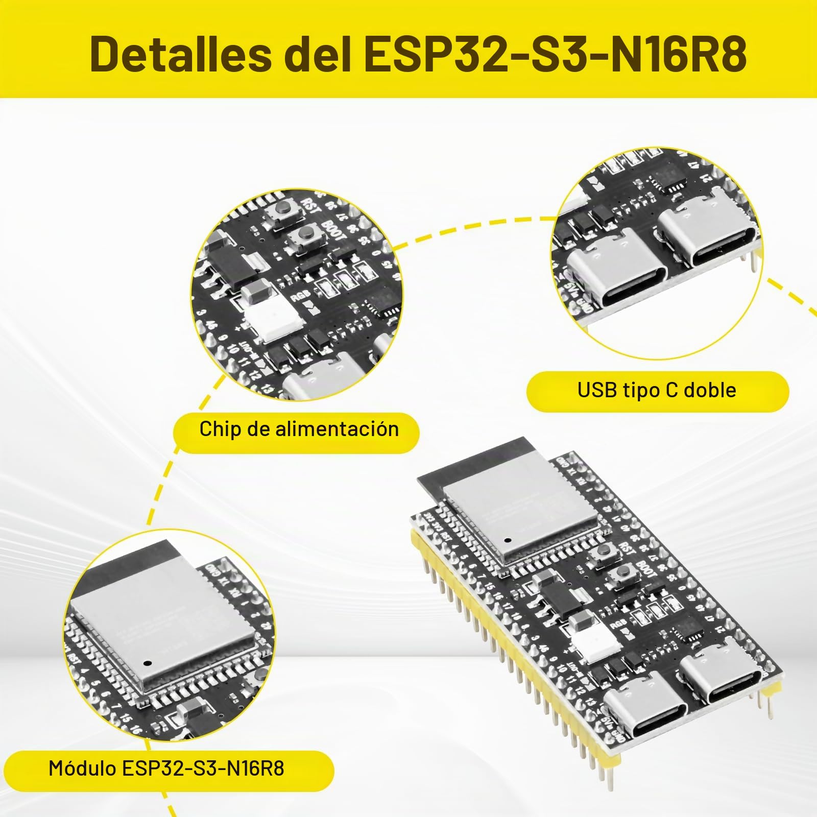 RUIZHI con ESP32 S3 ESP32-S3 DevKitC-1-N16R8 Placa de Desarrollo con Interfaces duales Tipo C y 2,4-GHz WLAN Bluetooth 5.0 Soldadura Compatible con Arduino(2 Pezzi)