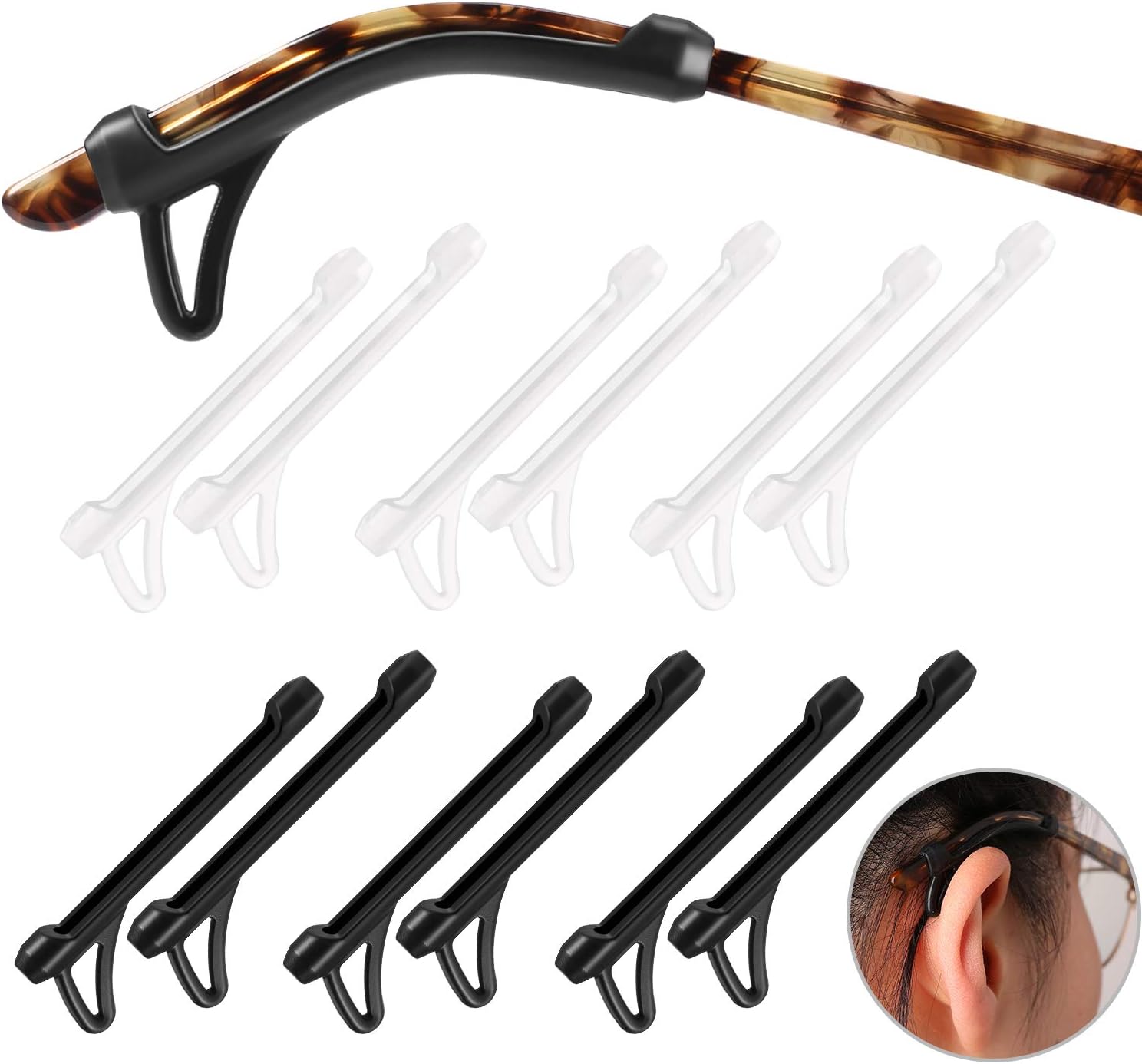 Eyeglasses Ear Grips Sleeve-Upgrade anti-slip Silicone Eyeglasses Temple Tips Sleeve Retainer-Sleeve with Hook design-Soft and comfort Glasses Ear hooks 6Pairs (WHITE+BLACK)