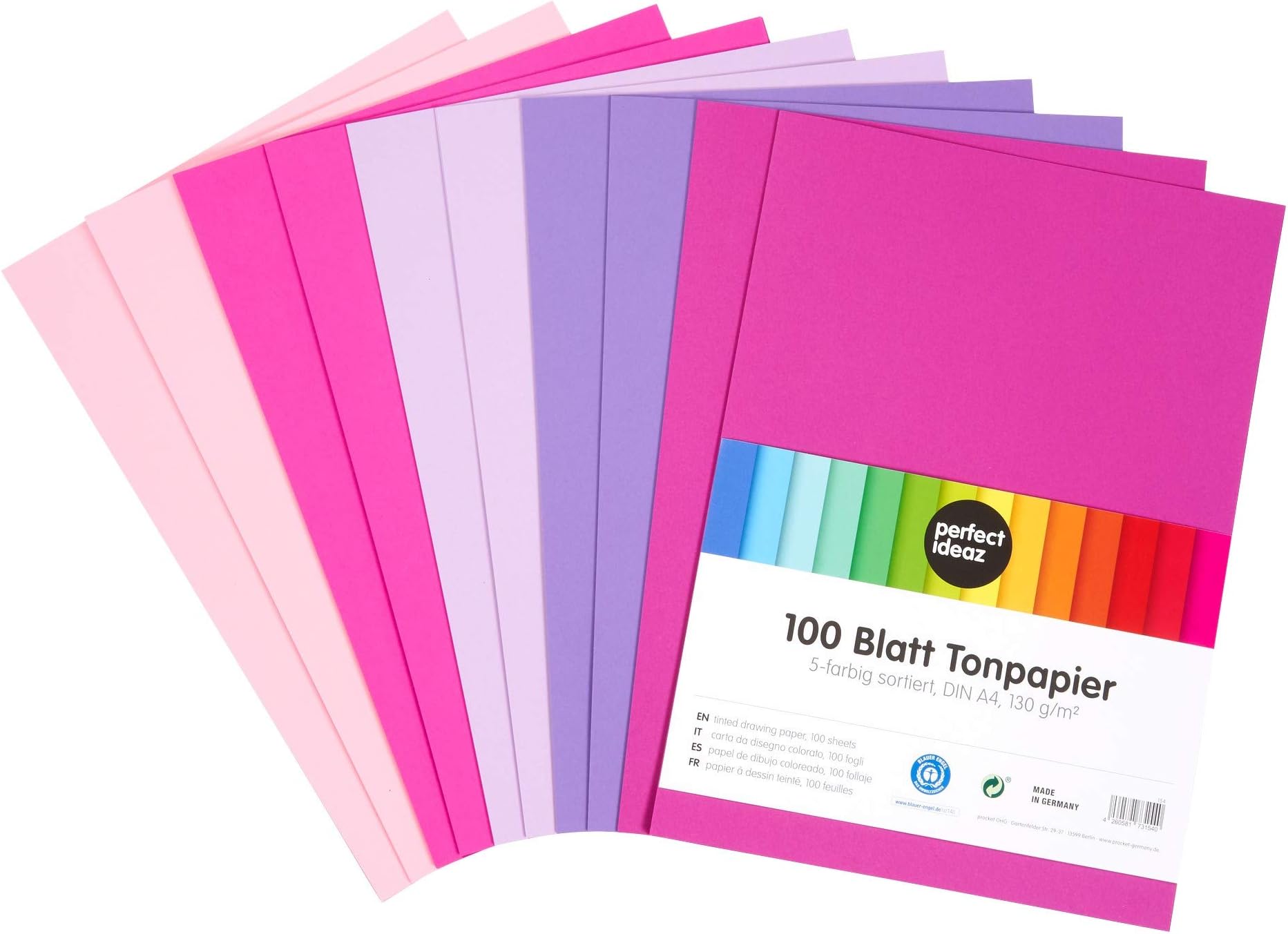 perfect ideaz 100 sheets Tinted Drawing Paper, A4 size (8.27 x 11.69 in), Tone Coloured Paper in light-pink, pink, purple, lilac, eosin, solid colours, 130 g/m², Quality sheets