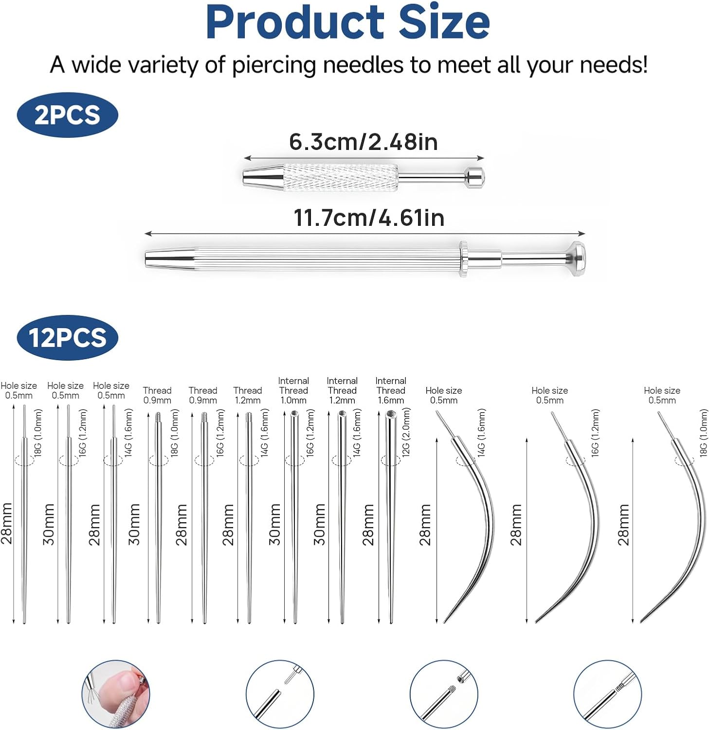 Piercing Tapered Ball Grabbing Tool for Changing Jewelry - 14G 16G 18G 20G Stainless Steel Flat Back Earring Applicator with Threaded, Internal Threaded, External Threaded Body Piercing Insertion Needle Kit for Ear Nose Navel Nipple Lip Eyebrow Tongue