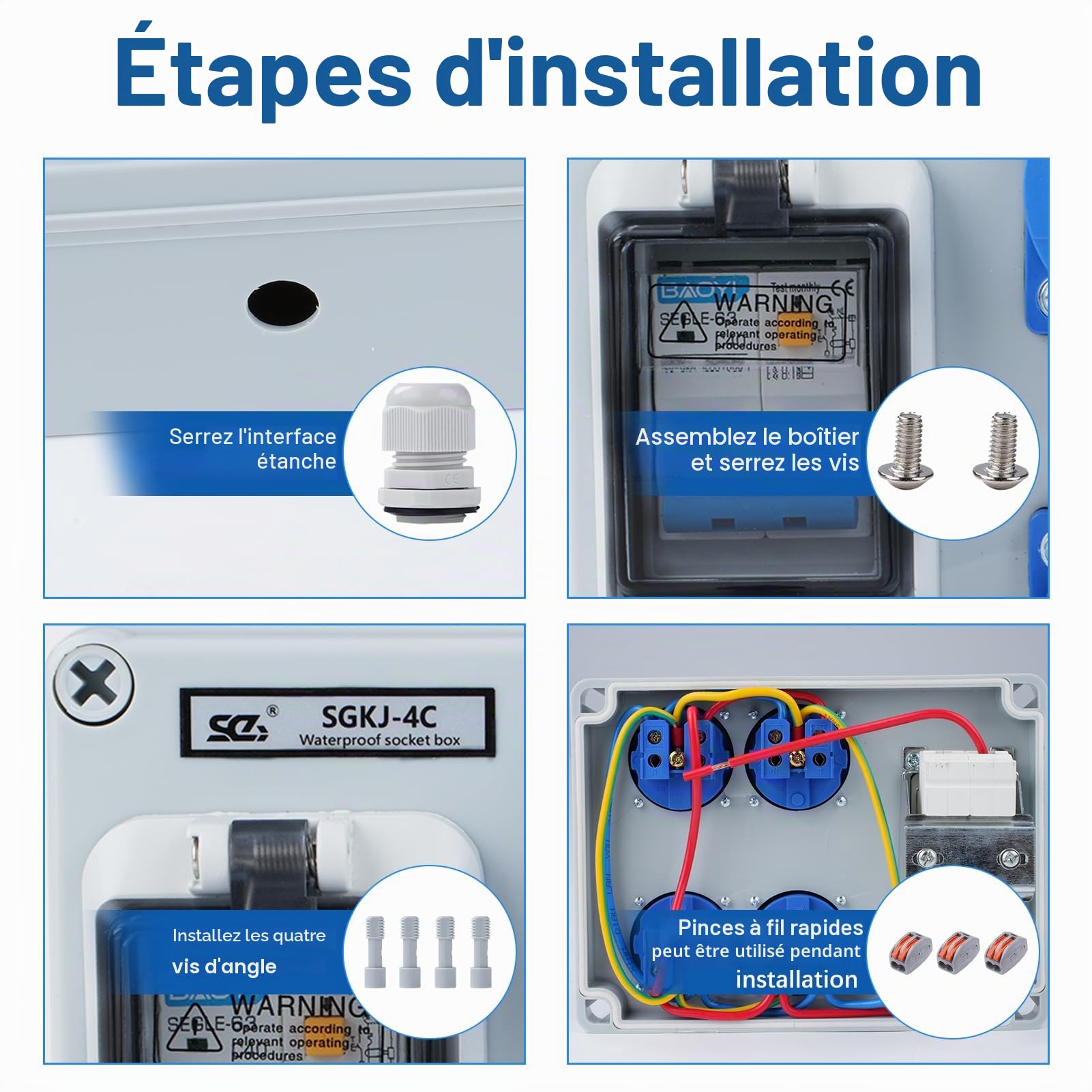 Répartiteur de courant de construction 16A Distributeur de courant fort Distributeur mural avec interrupteur 63A 1P+N Répartiteur de courant 16A avec 4 prises (250V 2 pôles) IP54 étanche.