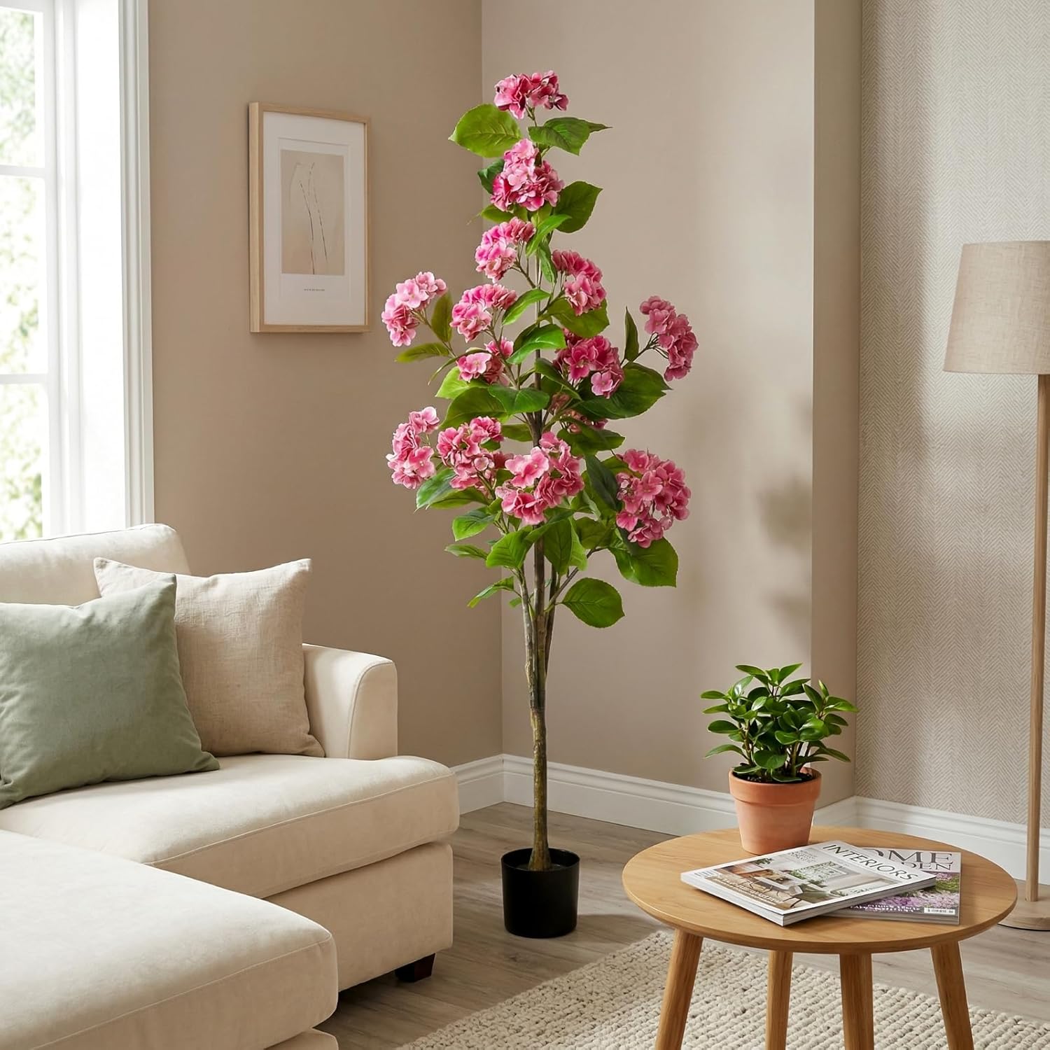 Daifunli Pink 2 Pack 5 FT Artificial Hydrangea Tree Faux Hydrangea Plant in Pot UV Resistant Realistic Floral Blooming Bush for Indoor Outdoor Wedding Front Door Porch Garden Backyard
