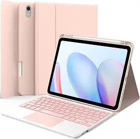 GreenLaw Capa de teclado para iPad 11ª geração (A16, 2025) / 10ª geração (2022), capa resistente a manchas, retroiluminação de 7 cores, capa de teclado removível com touchpad e suporte de lápis, rosa