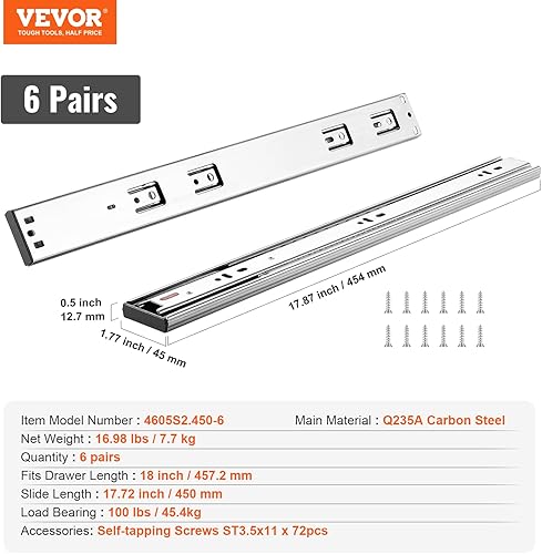 Miniatura 23 de VEVOR 6 pares de rieles de montaje lateral resistentes de 20 pulgadas, de 14, 16, 18, 20, 22, 24 pulgadas, rodamientos de bolas, extensión completa