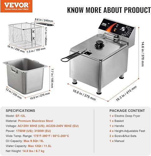 Miniatura 7 de VEVOR Freidora Profunda Comercial, Freidora Eléctrica de Encimera 1750W con Cesta y Pies Ajustables en Altura, Freidora de Acero Inoxidable de 12 Qt