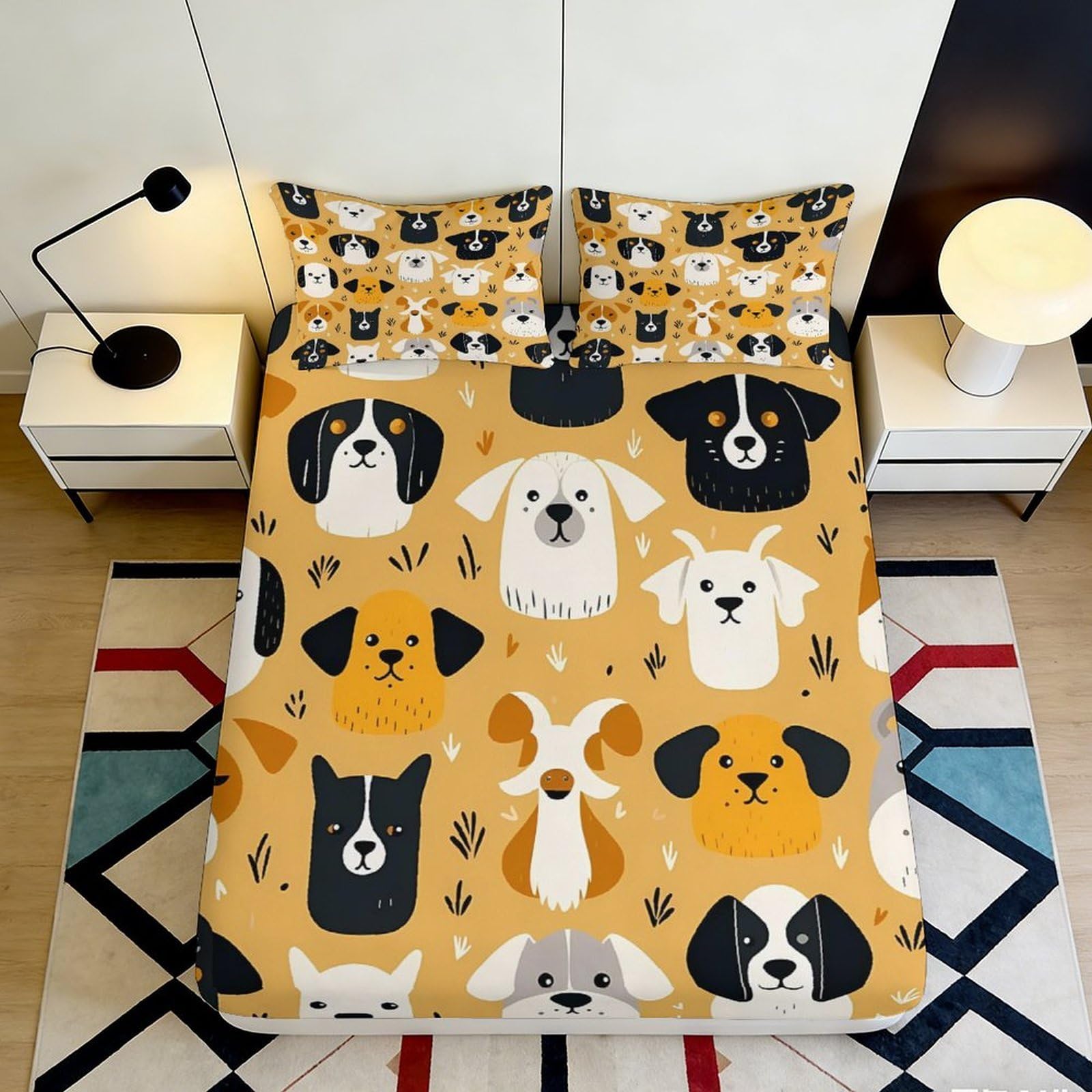 3D Printed Cute Dog Pattern Fitted Sheet Microfiber Soft Durable Cartoon Puppy Bed Cover for Bedroom Dormitory Guest Room Mattress Protection 120x200x25cm