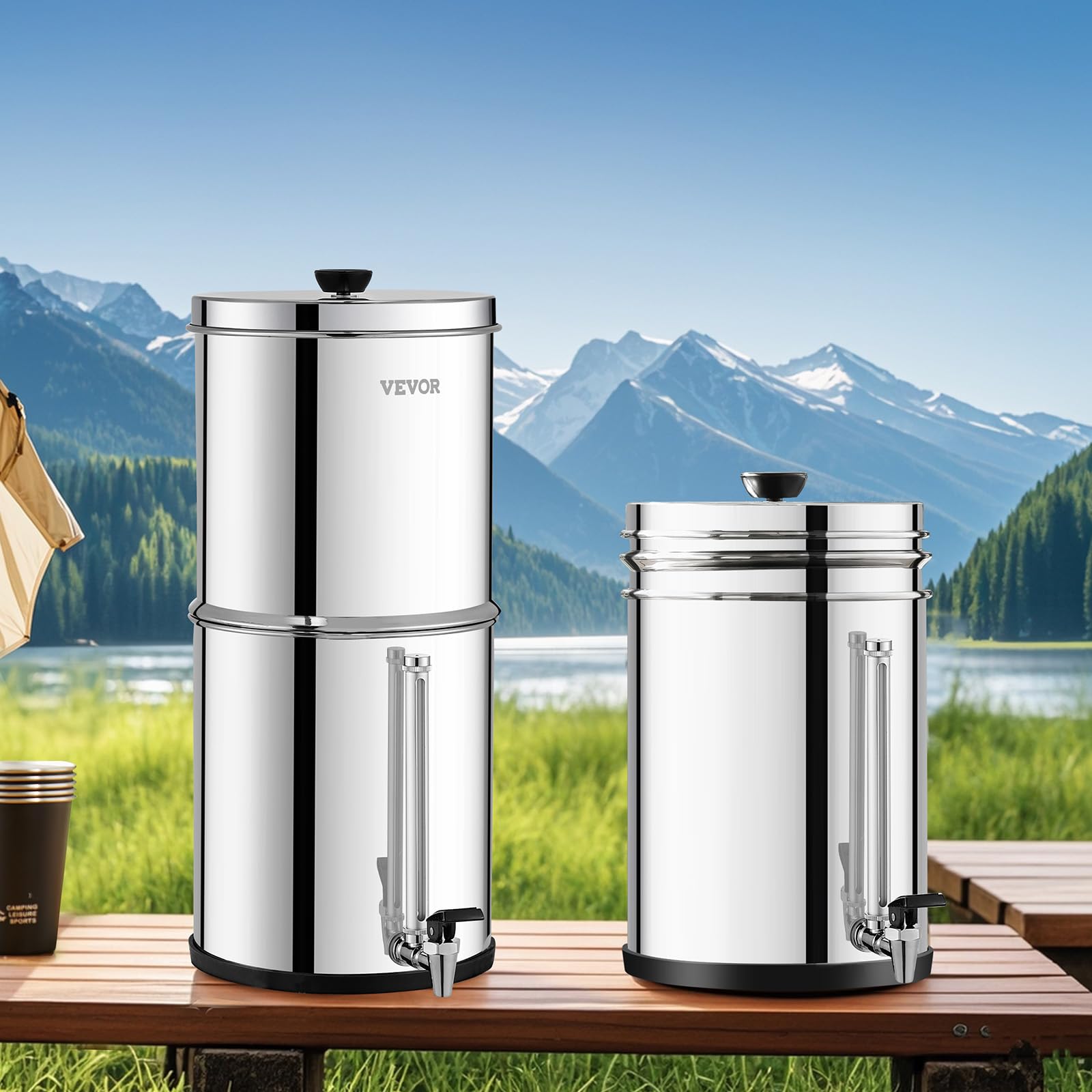 VEVOR System filtrowania wody grawitacyjnej, system blatu ze stali nierdzewnej 2,25 G 304, system filtracji wody, redukuje ołów i do 99% chloru, z 2 filtrami węglowymi i czopem poziomu wody