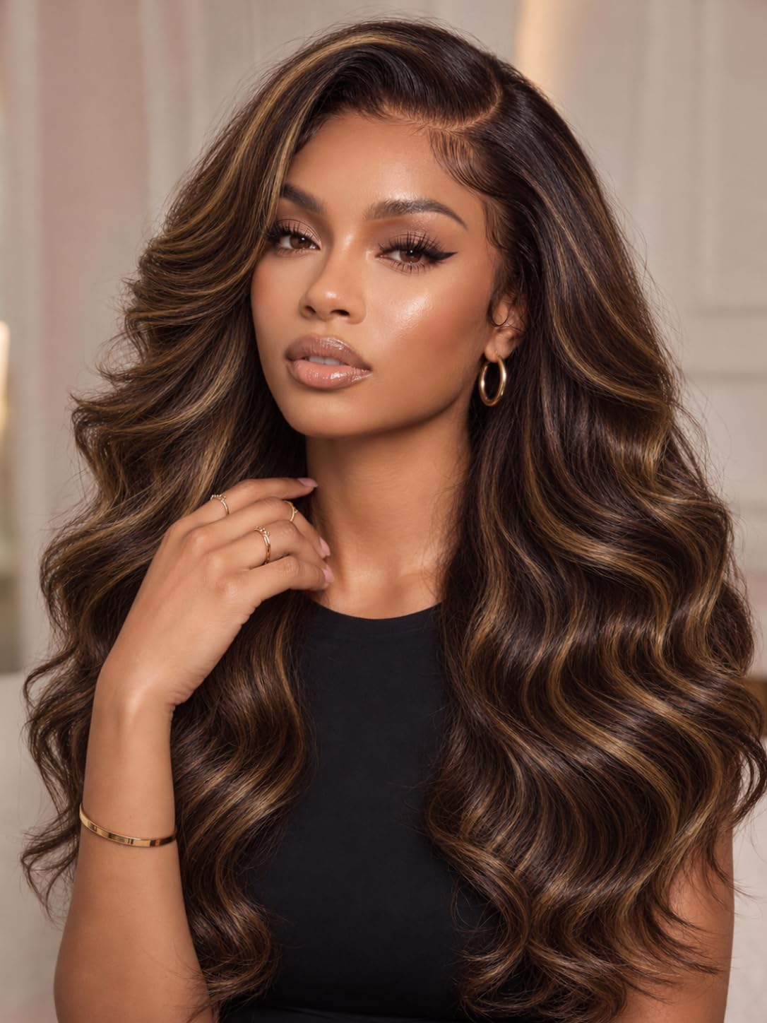KLAIYI Side Bangs Ombre Brown Body Wave Precut 7x5 Lace Wig Human Hair 16” Body Wave | 7x5 Bye Bye Slip | Brown Balayage Highlight Color 16 Inch
