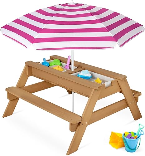 Vista 9 de Best Choice Products Mesa de arena y agua 3 en 1 para niños, mesa de picnic convertible de madera para exteriores con paraguas, 2 bandejas, parte
