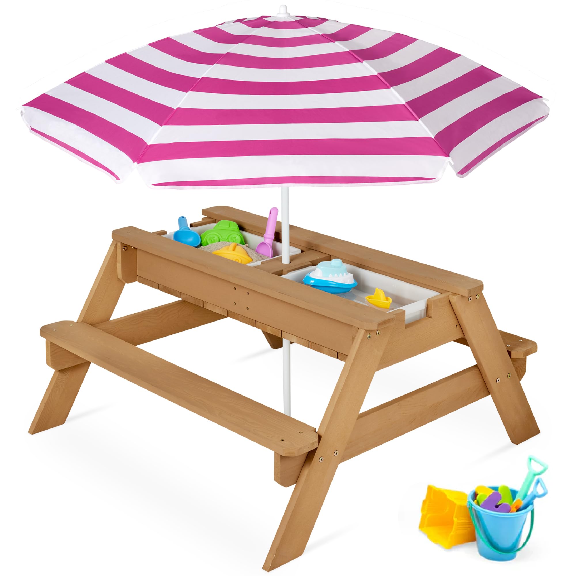 Best Choice Products Kids 3-in-1 Sand & Water Table, Wood Outdoor Convertible Picnic Table w/Umbrella, 2 Trays, Removable Top, 220lb Capacity Per