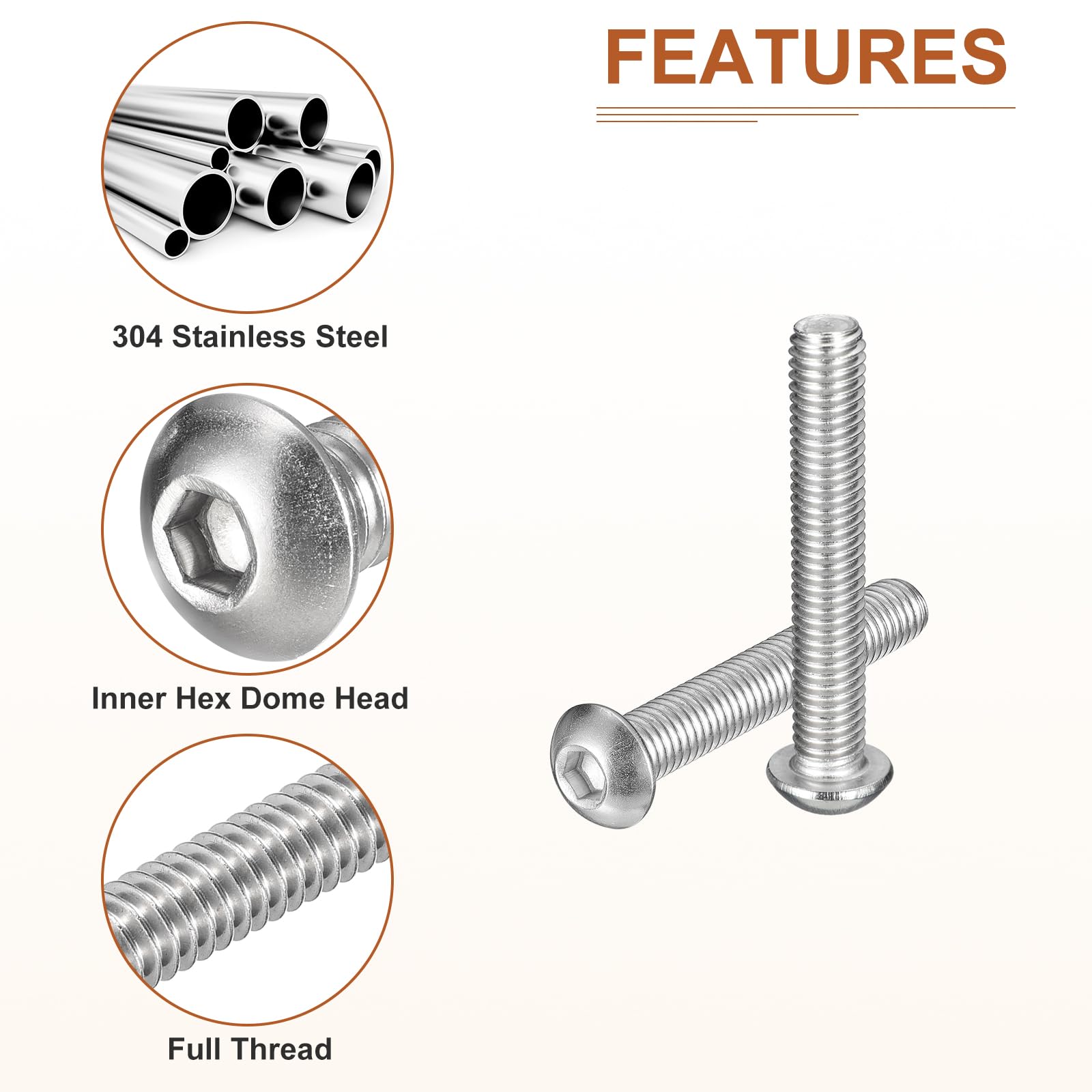 DTGN M8-1.25x50mm (DxL) Button Head Socket Cap Screws, 5Pack, Good for Machine, 304 Stainless Steel 18/8 - Image 4
