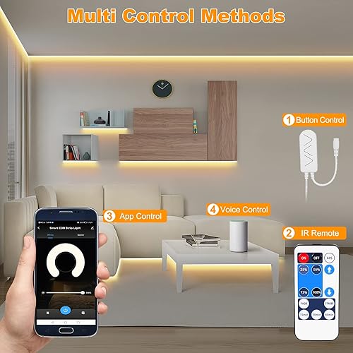 Miniatura 3 de Tira de luz LED COB blanca inteligente con control remoto, 32.8 pies, 3000 K, tira de luz blanca cálida brillante WiFi COB compatible con Alexa