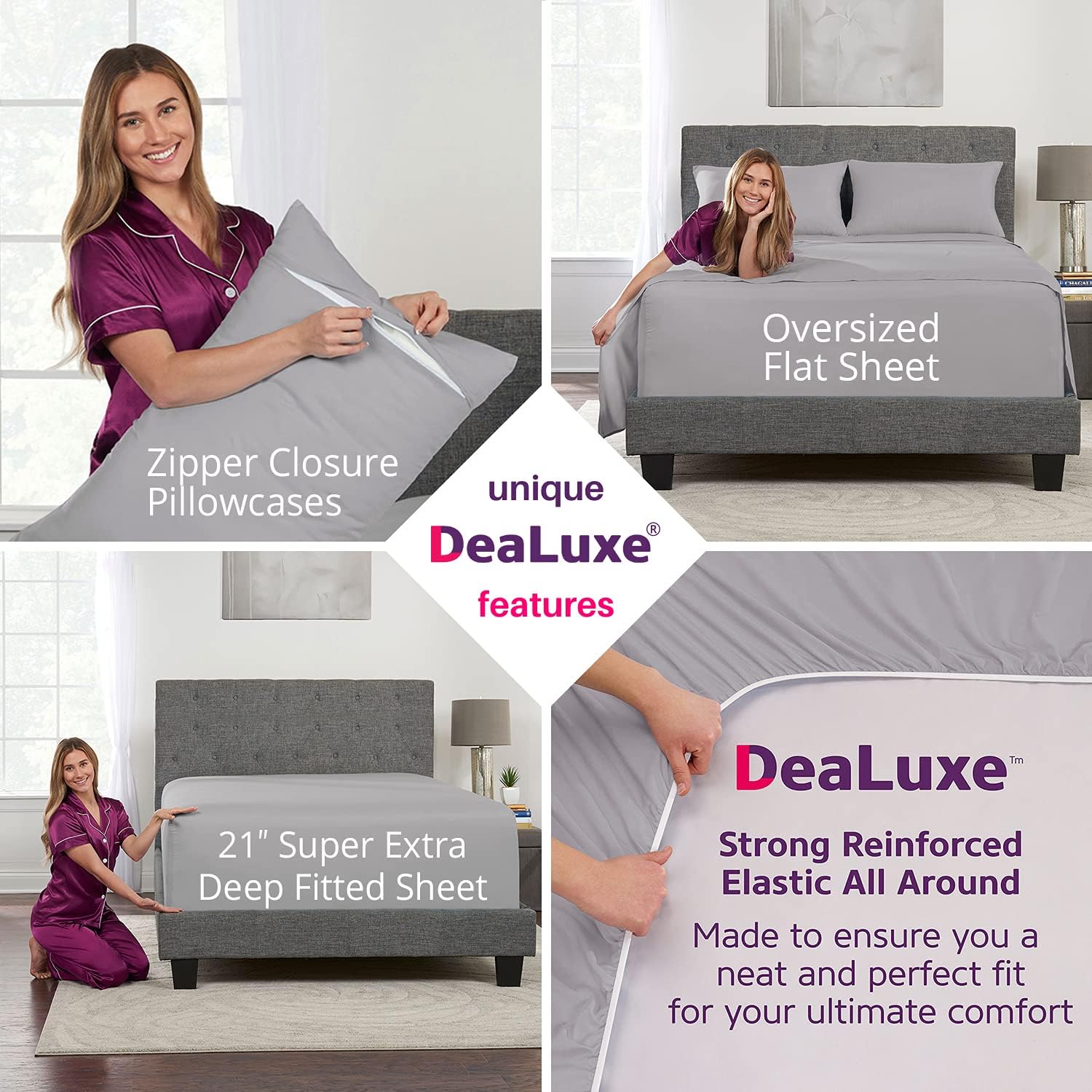 Extra Deep Pocket King Size Sheets – 21” King Sheet Sets Deep Pocket – [4 Piece Set] King Bed Sheets Oversize Flat Sheet, Fitted Sheet, 2 Zippered Pillowcases – 18”–23” King Sheets – Calm Grey