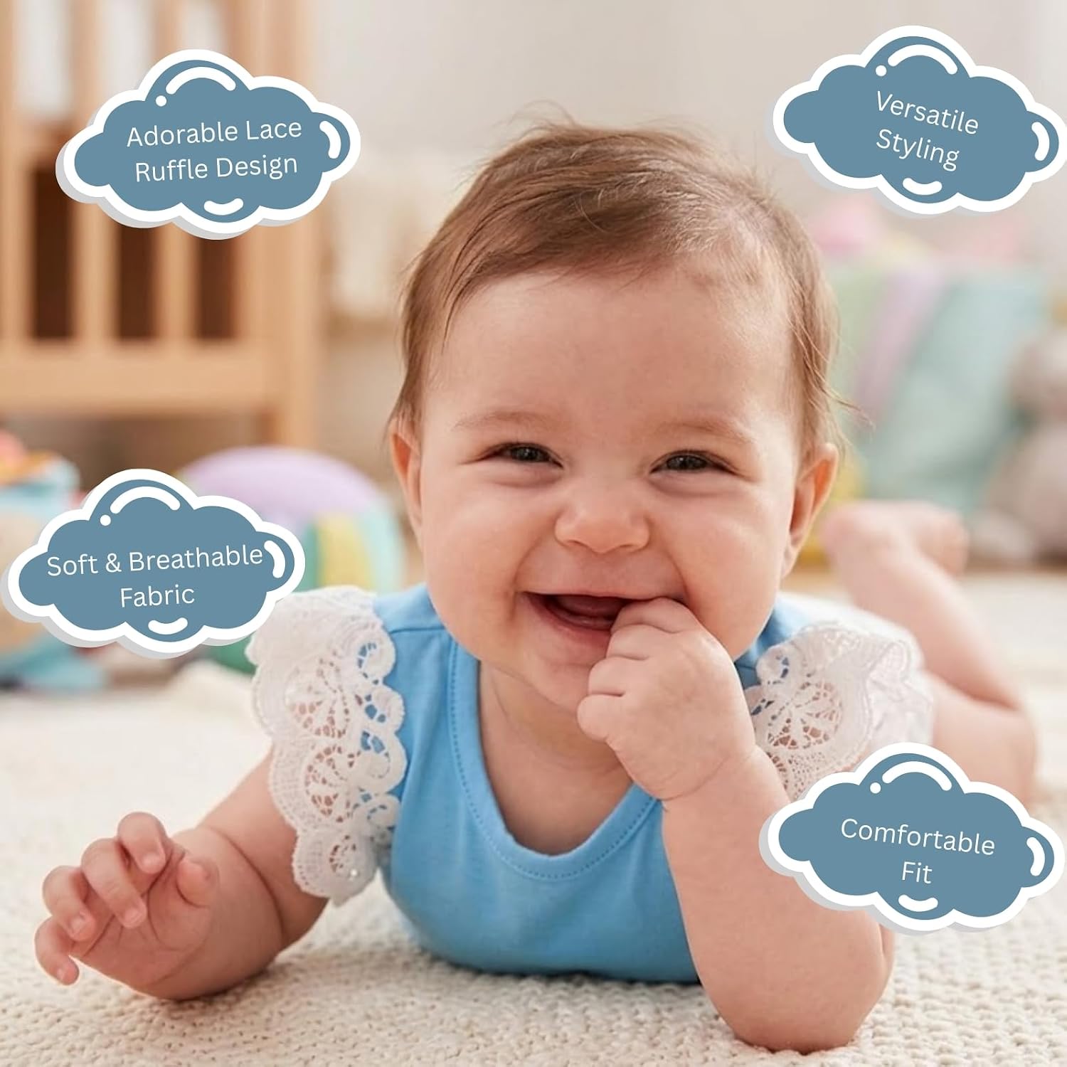 Baby Girl Clothes -Soft Cotton Summer Shirt with White Lace Shoulder Detail - Blue (0–3 Months)