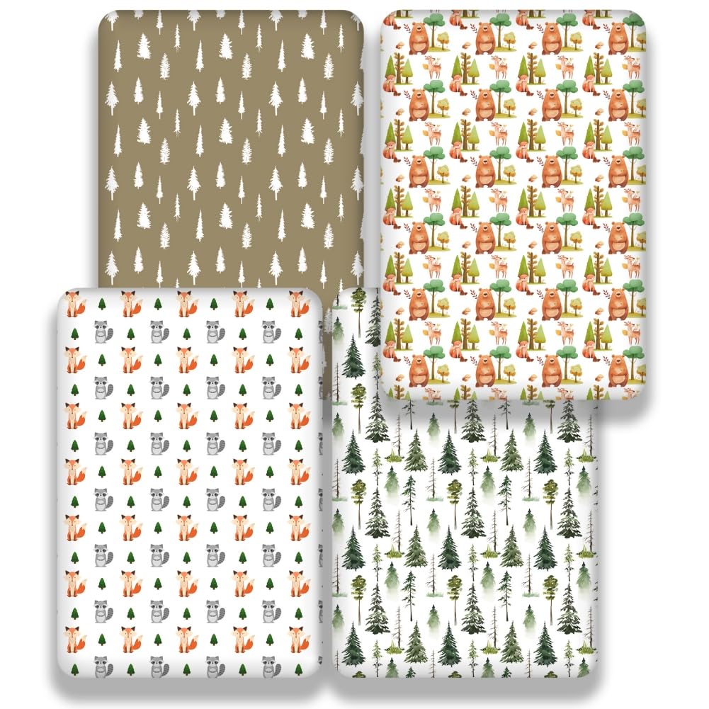 Juego de 4 sábanas ajustables unisex para cuna de bebé, diseño de animales del bosque, madera neutra, para bebés niños o niñas, blanco y negro