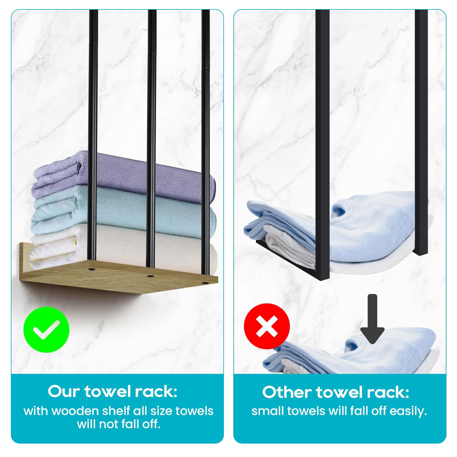 WeGXY Towel Racks for Bathroom Wall Mounted Wall Towel Rack for Rolled Towels,Metal Towel Holder with Wooden Shelf,Towel Storage Organizer for Small Bathroom - Image 3