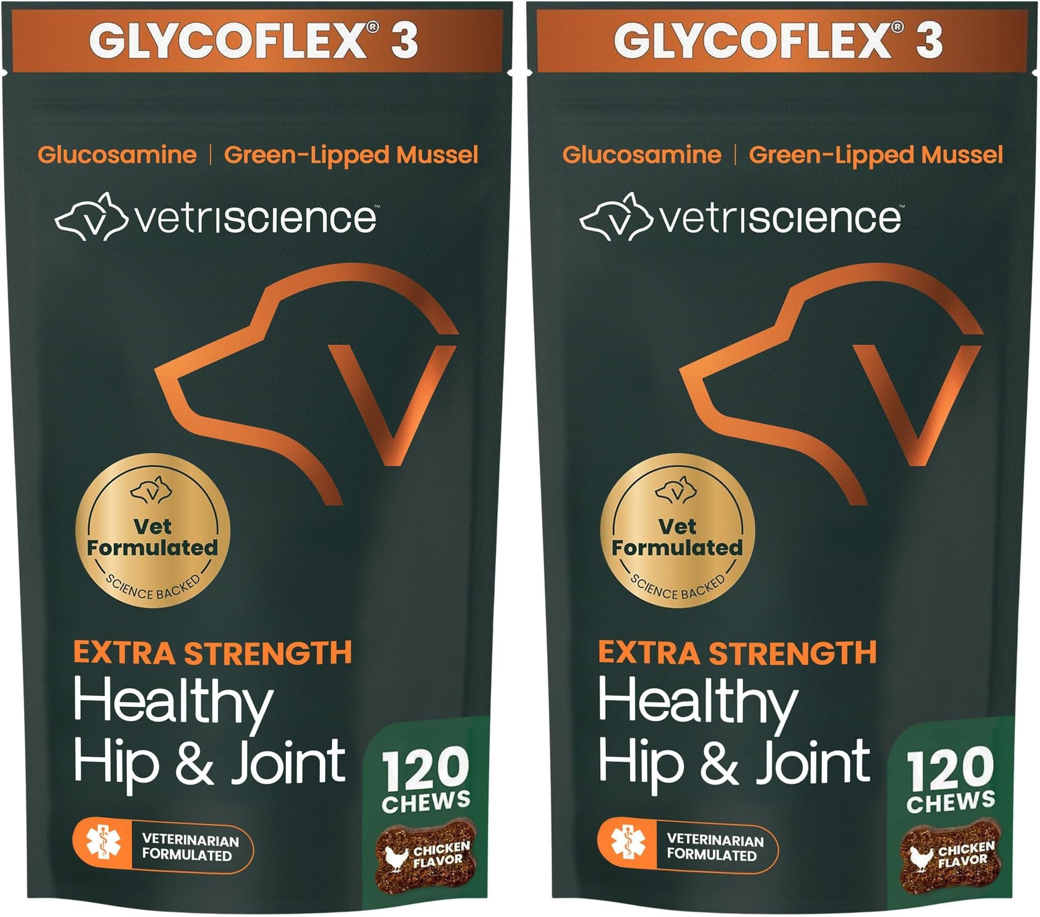 VetriScience Extra Strength Healthy Hip&Joint Chews,GlycoFlex 3,Glucosamine,Green-Lipped Mussel,Joint Support Supplement for Dogs,Promote Mobility&Soothe-Joint Discomfort,Chicken,120 Count (Pack of 2)