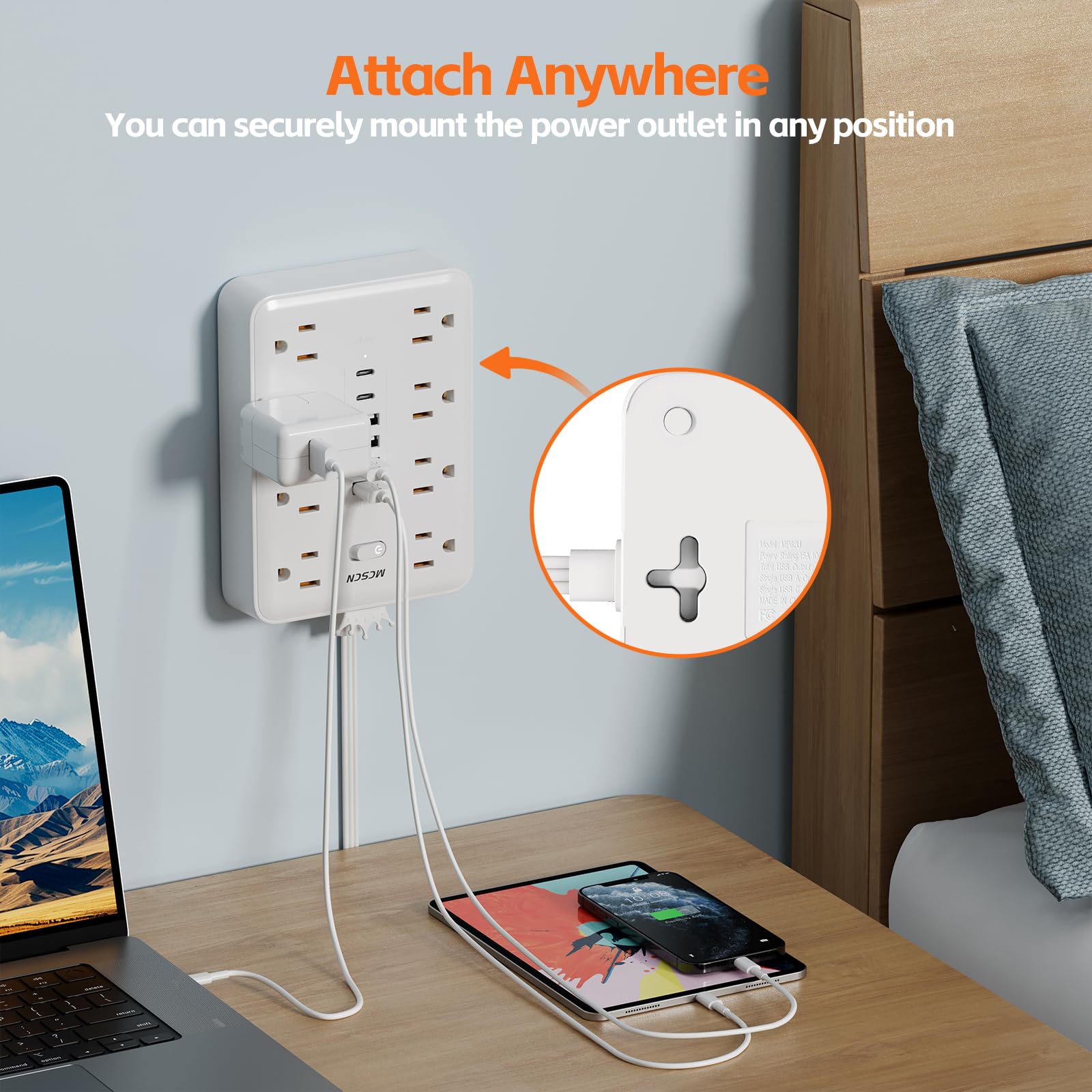 Regleta de enchufes ultradelgada con protección contra sobrecargas y Enchufe Plano, con 8 Tomas de CA, 6 USB (2 USB C), para casa, Oficina, Dormitorio, artículos Esenciales de Viaje, 15 A, 1875