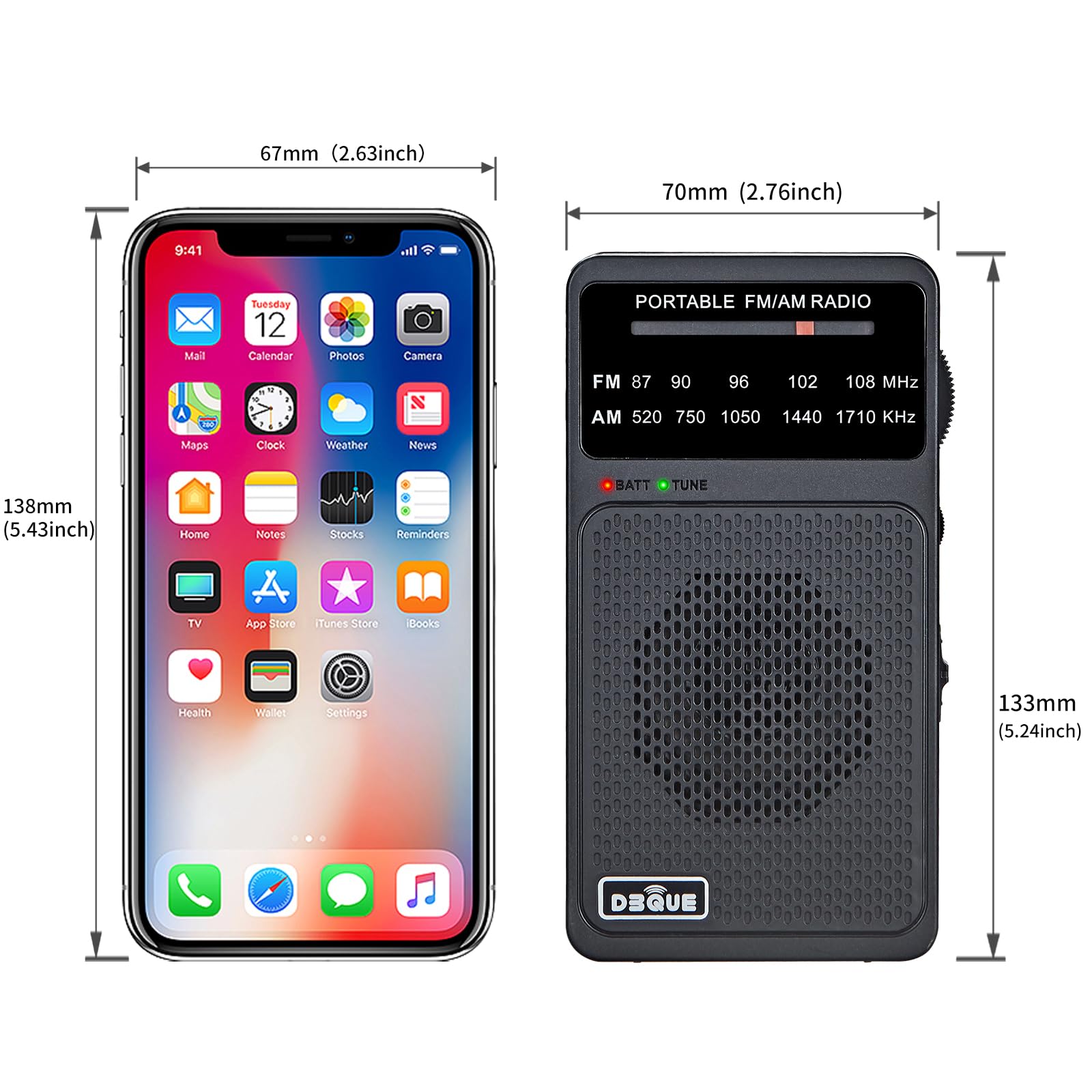 Radio portátil AM FM, radio a pilas con luz de sintonización, clip trasero, excelente recepción, radios AM FM portátiles, radios transistores (negro)