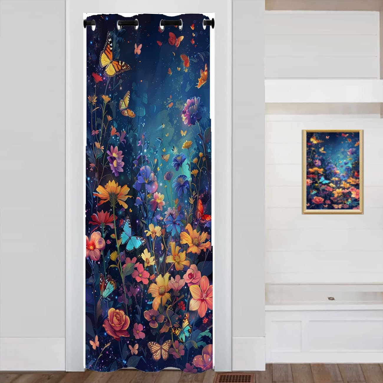 Butterfly Door Curtain for Doorway Privacy, Colorful Garden Flowers Fantasy Magical Room Darkening Blackout Curtain for Kids Boys Girls Teens Bedroom Living Room Closet 1 Panel 34" W X 80" L