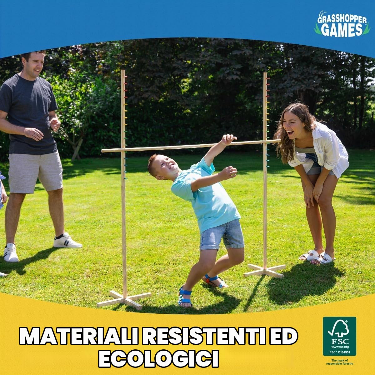 Grasshopper Games Set Limbo in legno per bambini e adulti con borsa per il trasporto, gioco da giardino per interni ed esterni, per la famiglia