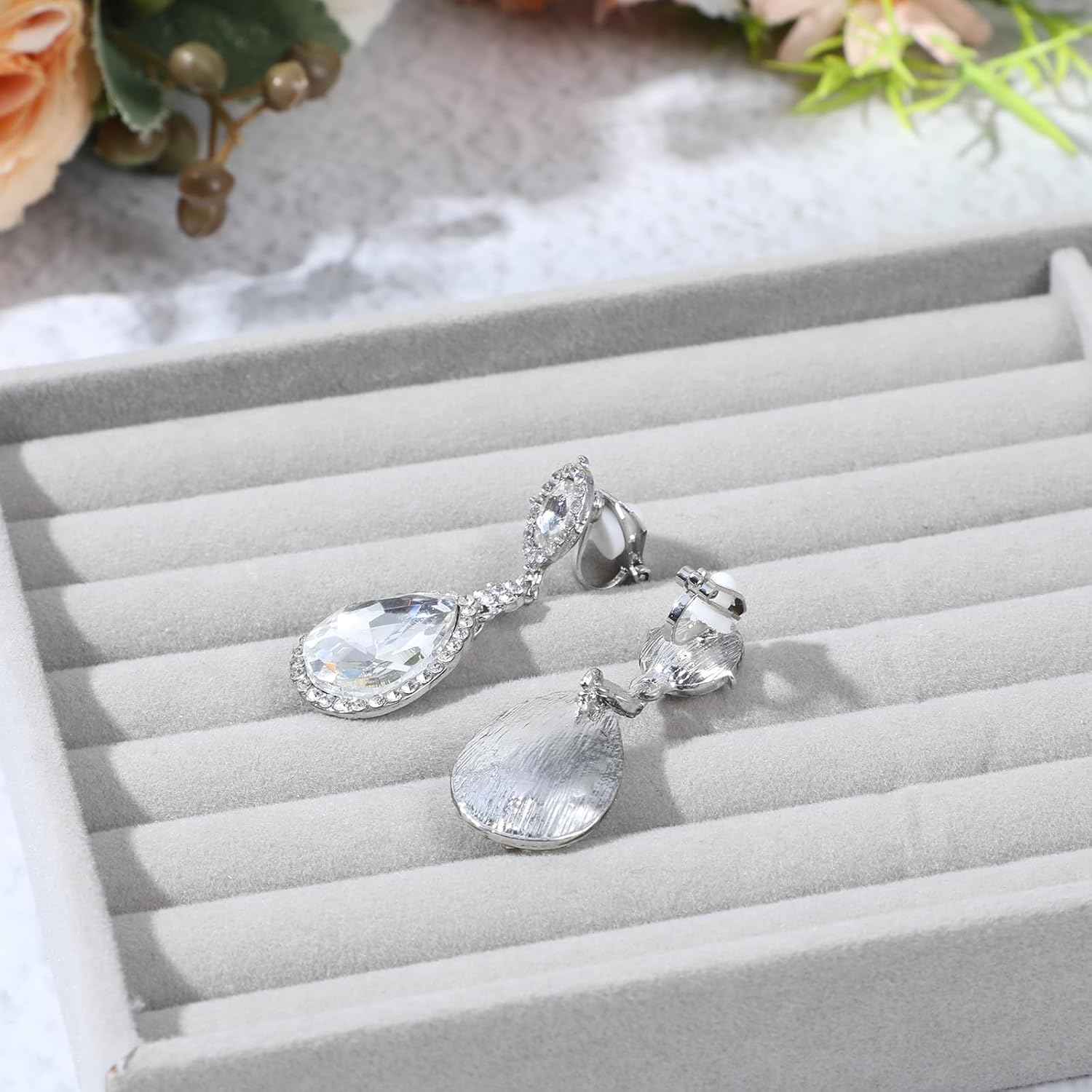 Diamond Drop Earrings, Teardrop-shaped Diamond Dangle Earrings, Silver Rhinestone Non-Pierced Clip-On Earring, Wedding and Party Costume Jewelry - Image 7