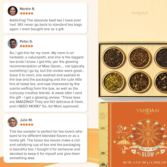 VAHDAM, GLOW - Assorted Tea Gift Set (6 Loose Leaf Tea) Tin Caddy Presentation Box | Gluten Free, Non GMO | Tea Gift Set for Women & Me