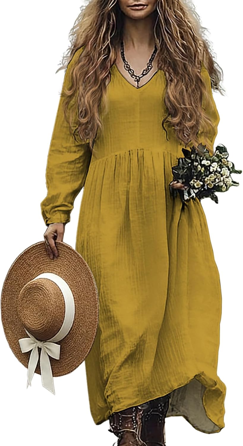 Boho Floral Maxi Dress for Women Light Blue Red Rose Print Long Sleeve V-Neck Loose Sundress Spring Dresses