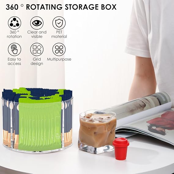 Drink Packet Organizer, 360° Rotating Storage, Clear Flavor Packet Holder, Lazy Susan Organizer Fit Divided Drinks Mix, Water Packet Organizer for Counter Top