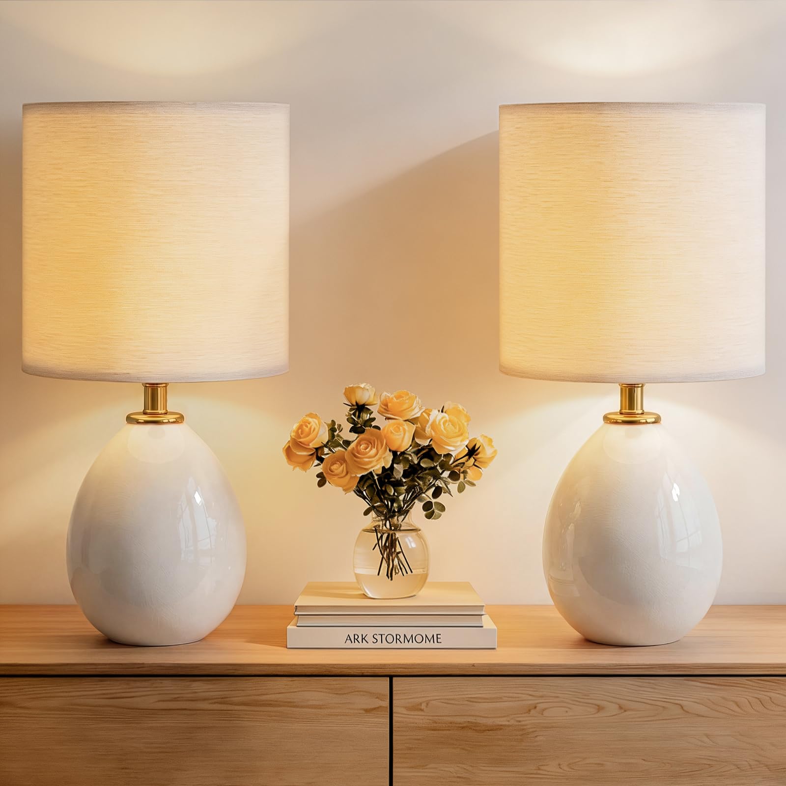 Dawnwake Bedside Lamps Set of 2, 18.5" Small Table Lamps with Ceramic Base & Linen Shade, 3-Way Dimmable Warm White Light, Modern Nightstand Lamps for Living Room, Bedroom [Energy Class F] (White) — image 1