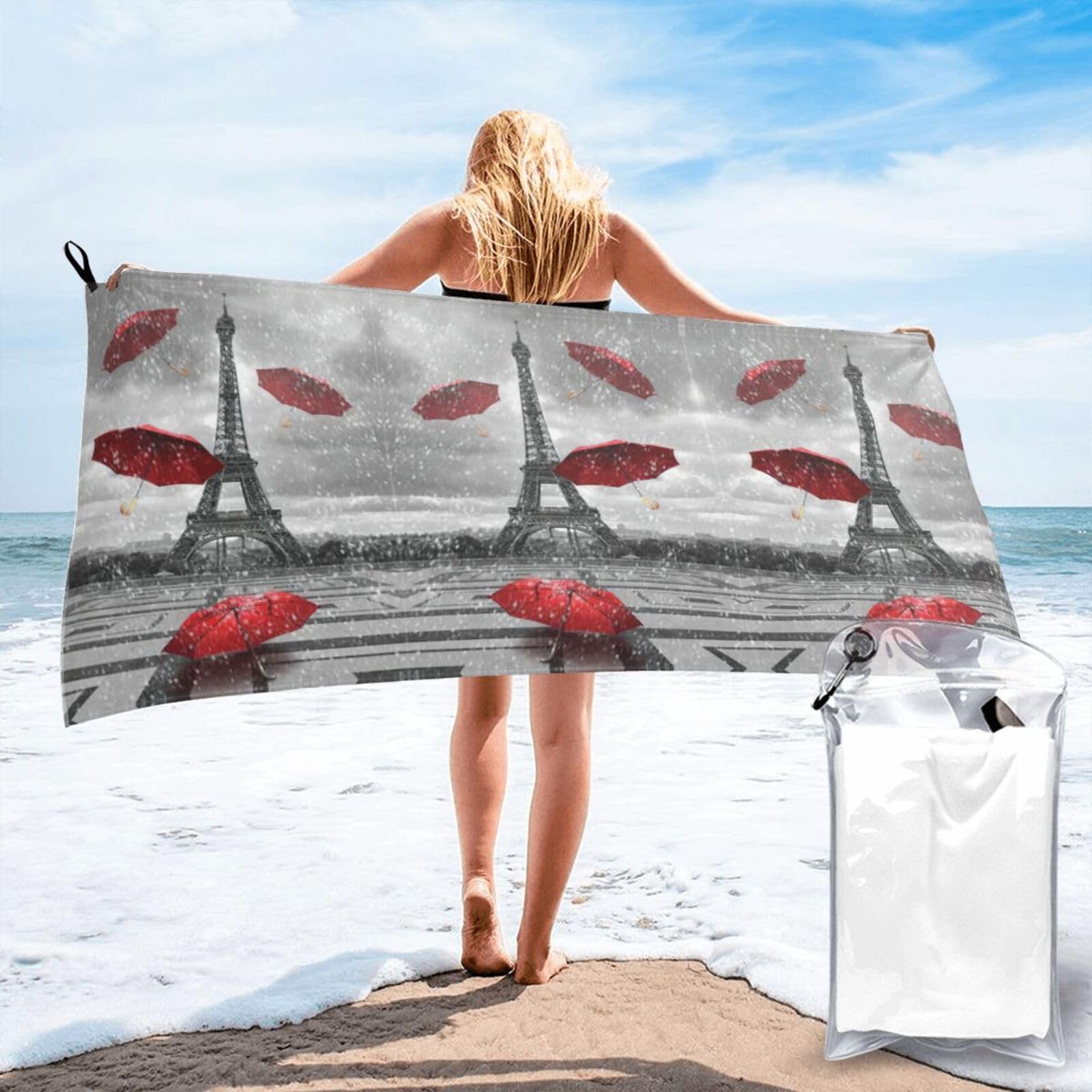 FHIZOAL Eiffel Tower Red Umbrella Quick Dry Towel Microfibre Towel Super Absorbent Ultra Compact Gym Sports Beach Camping Travel