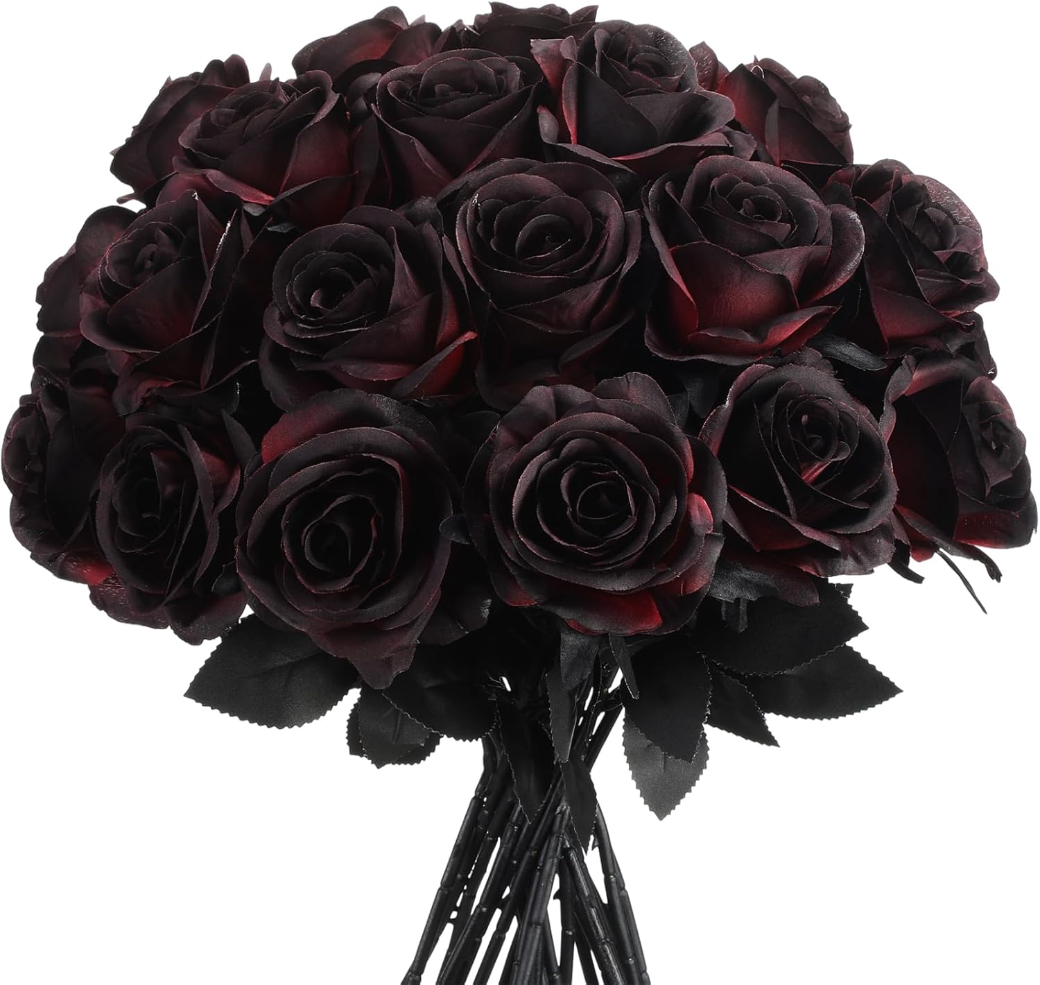 Zeyune 24 Pcs Black Artificial Roses Bulk Fake Burgundy Flowers Gothic Flowers Rose Bouquet Gothic Decorations for Valentines Day
