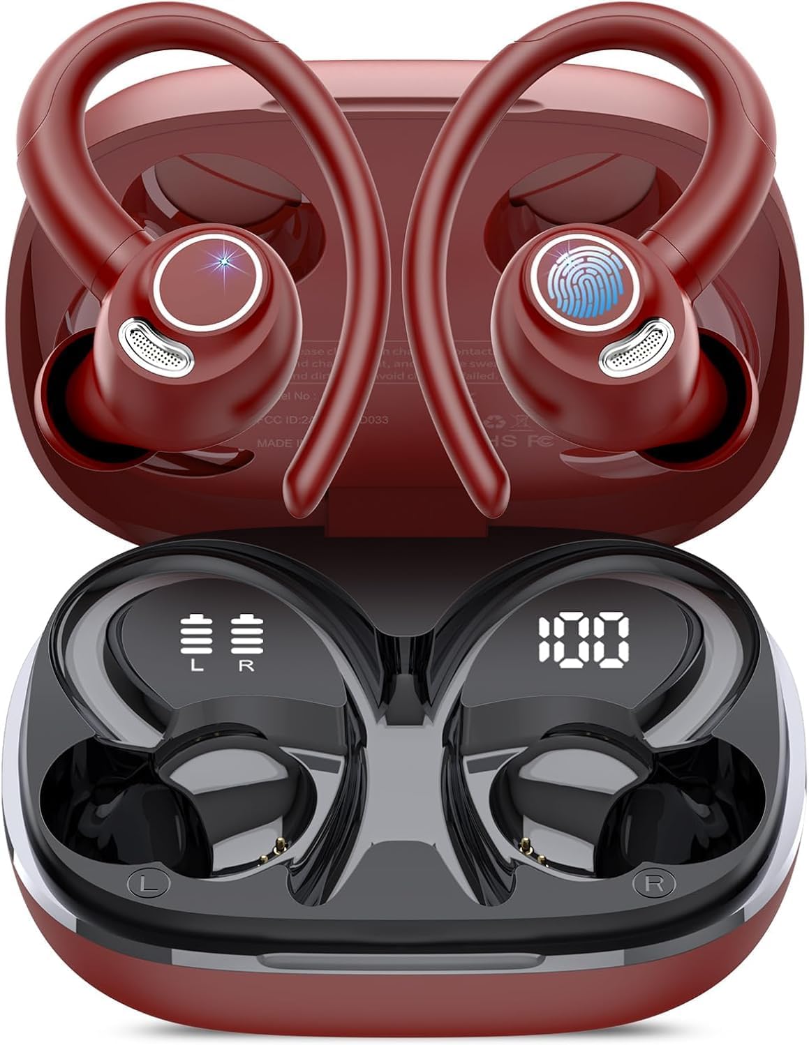 jesebang wireless earbuds bluetooth 5.4 headphones sport, 2025 wireless earphones with earhooks, hifi stereo deep bass with enc mic, 40h dual led display, ip7 waterproof ear bud for small ear, red modern