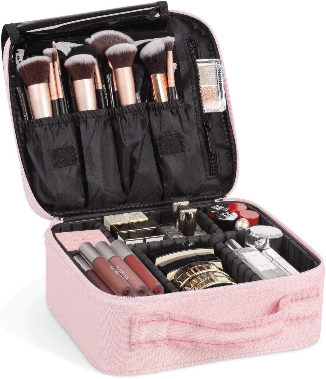 INOVERA (LABEL) Nylon Makeup Organizer Bag for Women, Girls & Bride - Travel Cosmetic Kit Storage Organiser - Toiletry Vanity Box with Adjustable Compartment, 26l x 23b x 9h cm (Rose Gold)